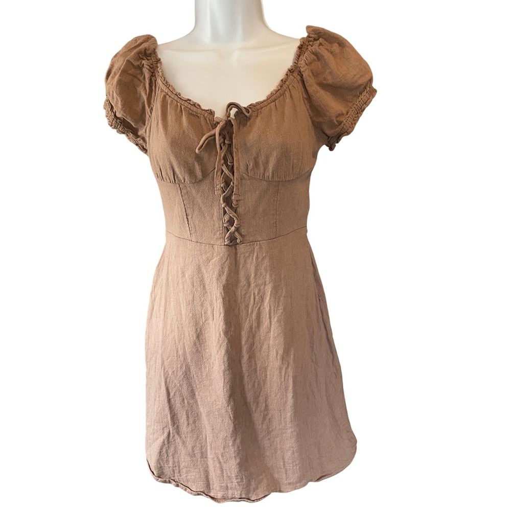 Hollister Womens Y2K Milkmaid Boho Lace Up Mini Dress Brown Size M Cottage